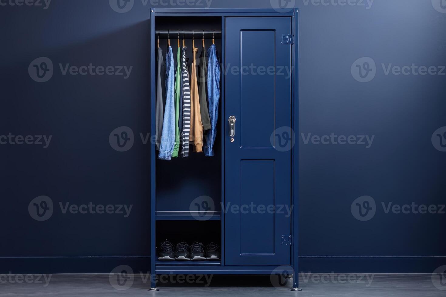 A blue wardrobe with hanging clothes and shoes, designed for storage and organization photo