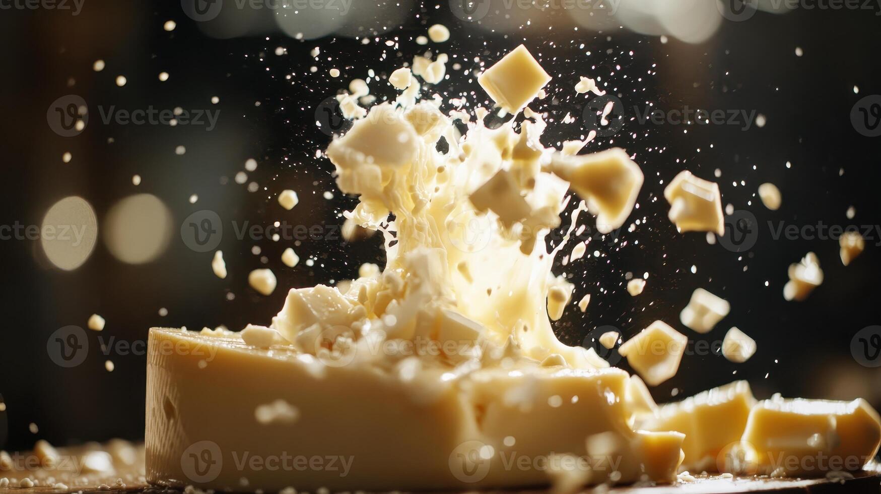 A block of cheese exploding into small pieces, showcasing a dynamic food scene. photo