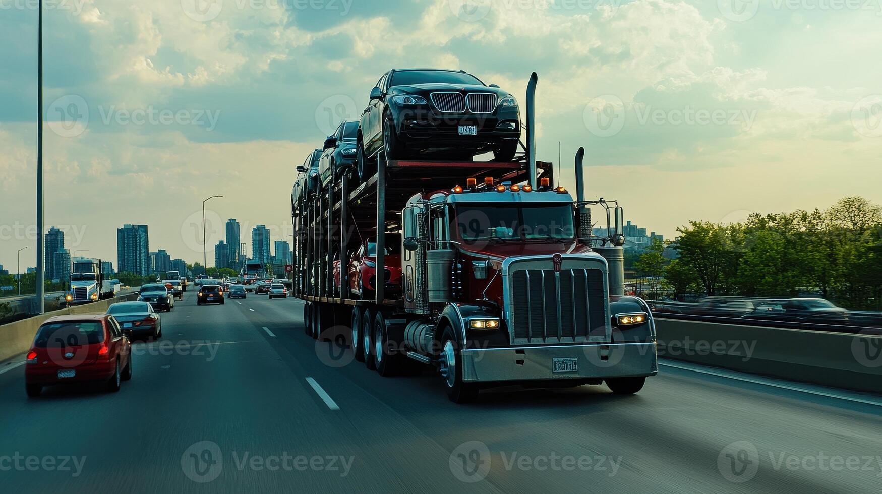 A truck transporting cars on a highway with a city skyline in the background. photo