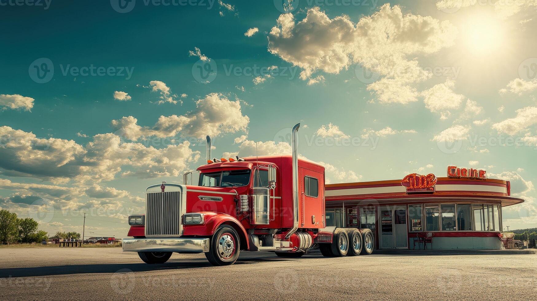 A red truck parked near a retro diner under a blue sky with clouds. photo