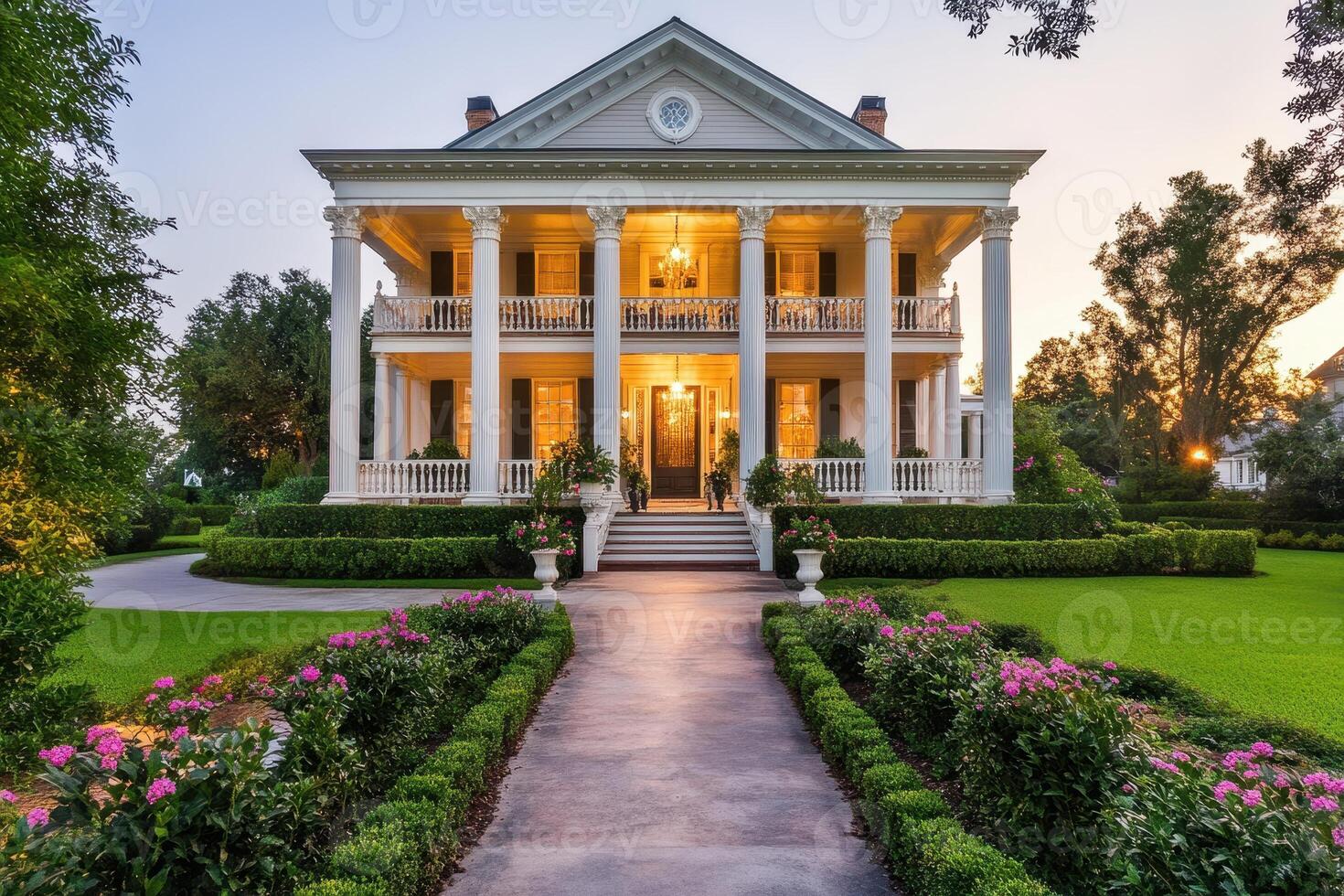 A grand two-story house with columns, surrounded by manicured gardens and flowers photo