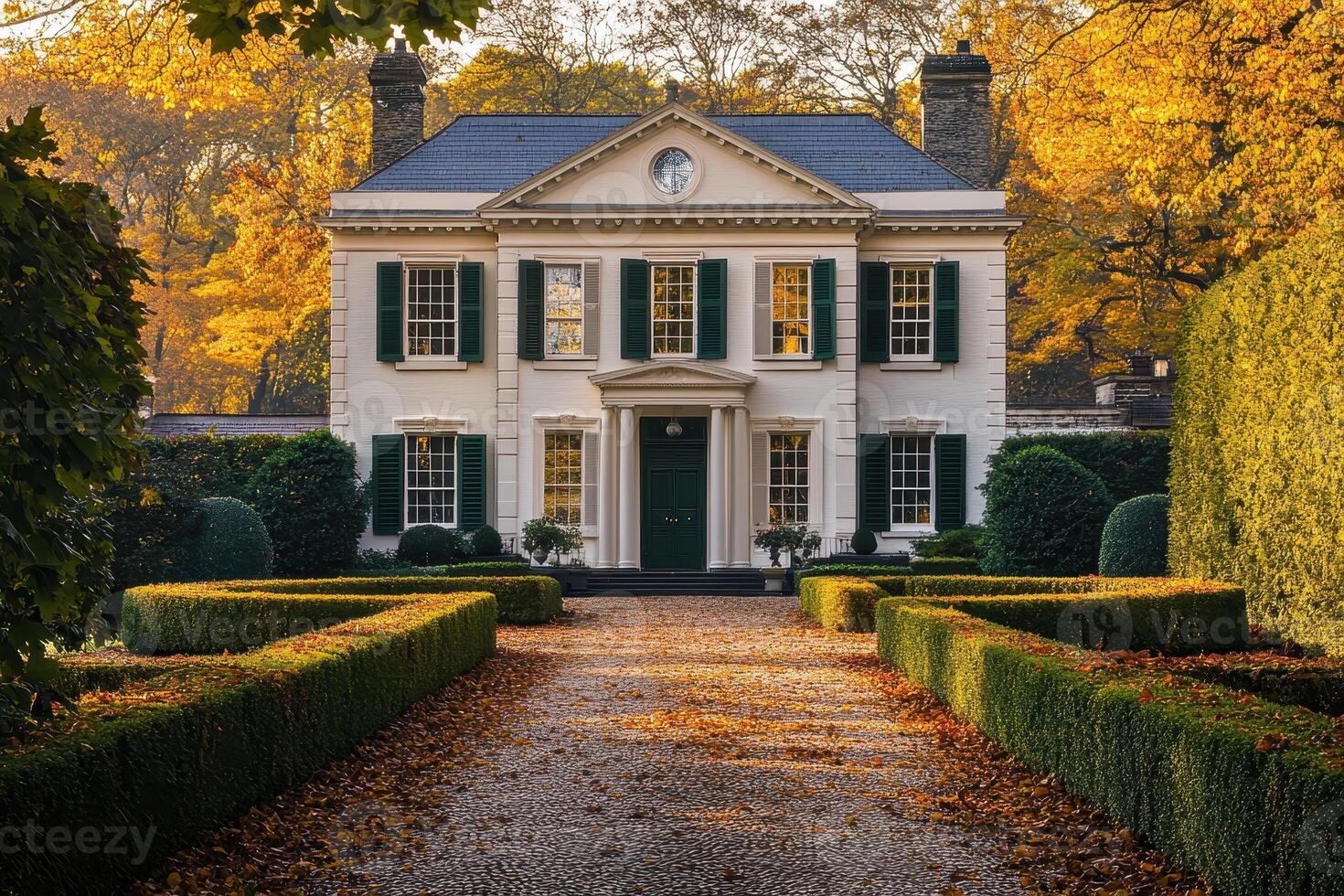 A charming white house surrounded by autumn foliage and manicured gardens photo
