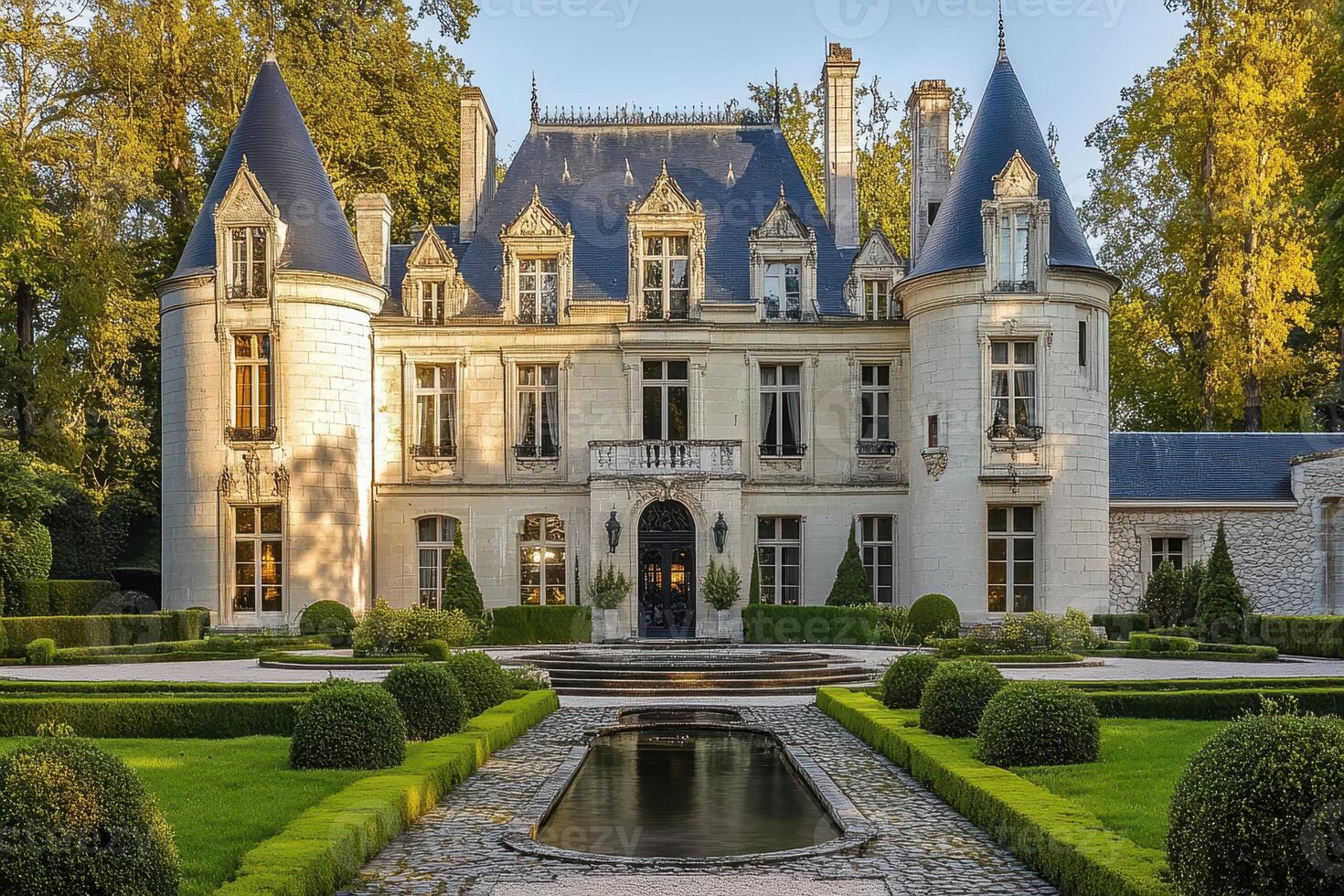 A picturesque chateau surrounded by manicured gardens and a reflecting pool photo