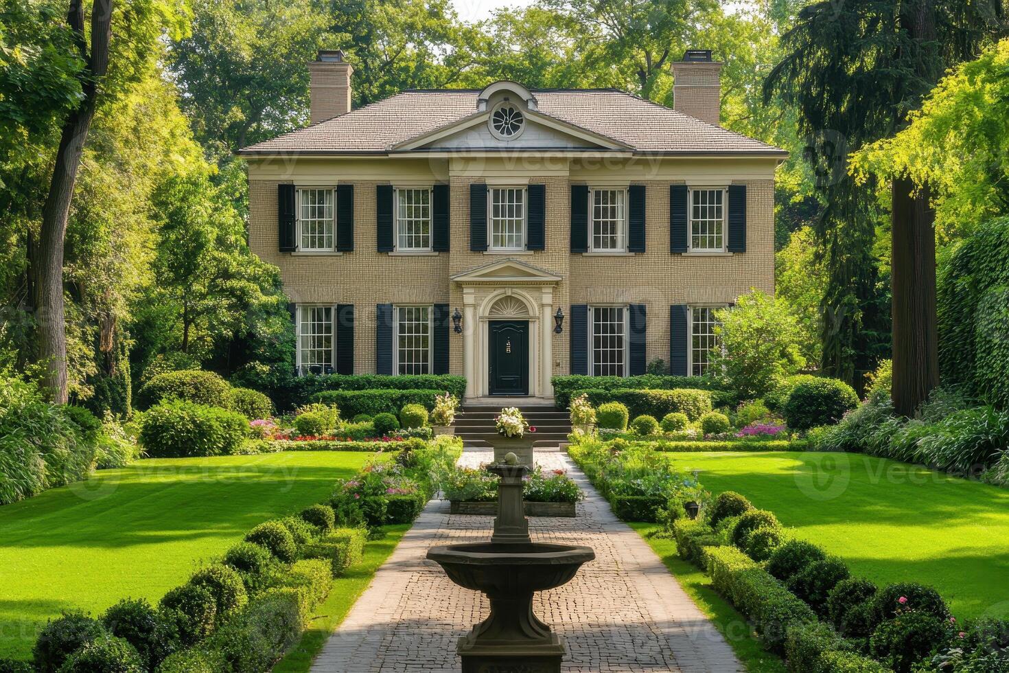 A classic house with a manicured garden and fountain, surrounded by lush greenery photo
