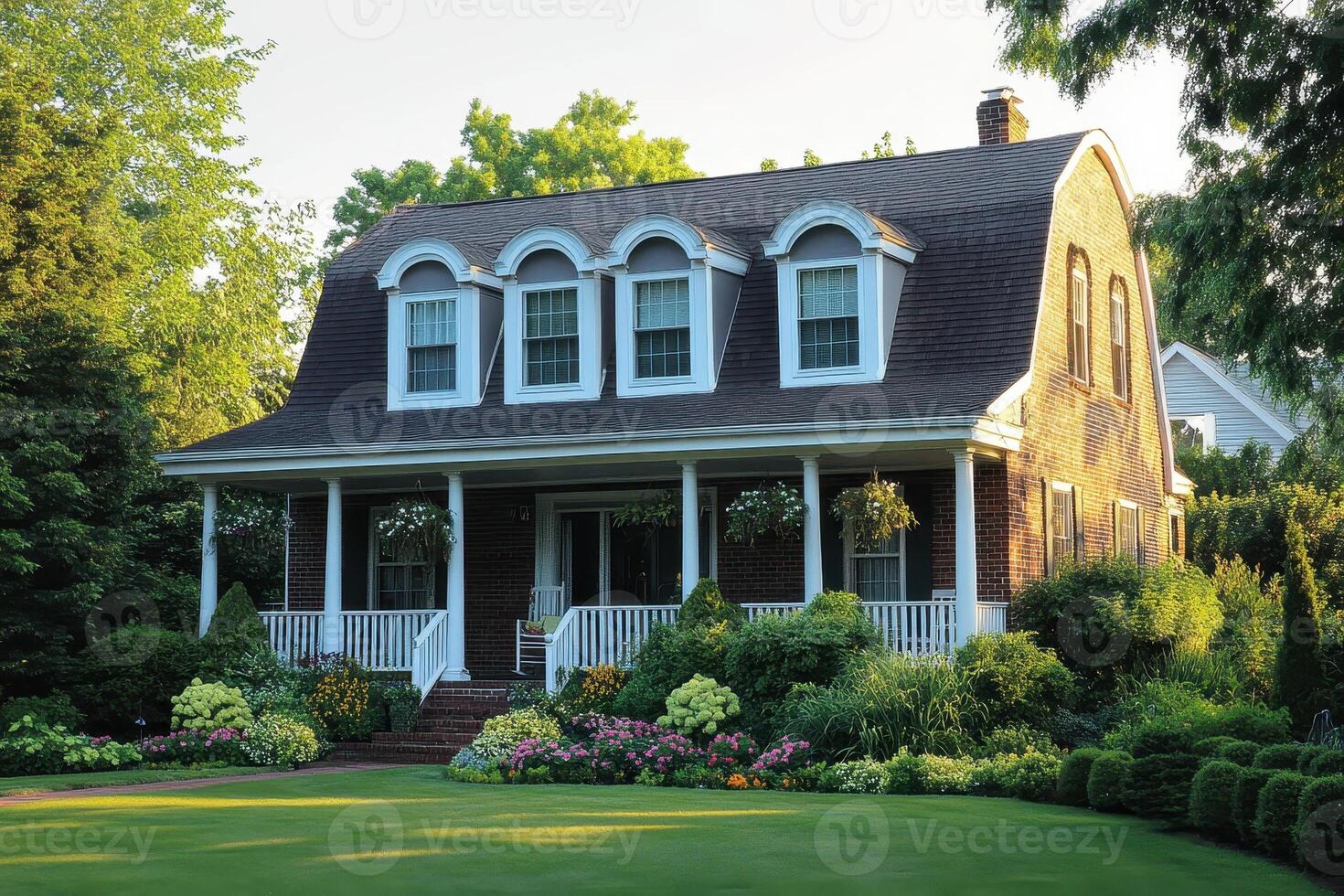 A charming two-story house surrounded by lush greenery and colorful flowers photo