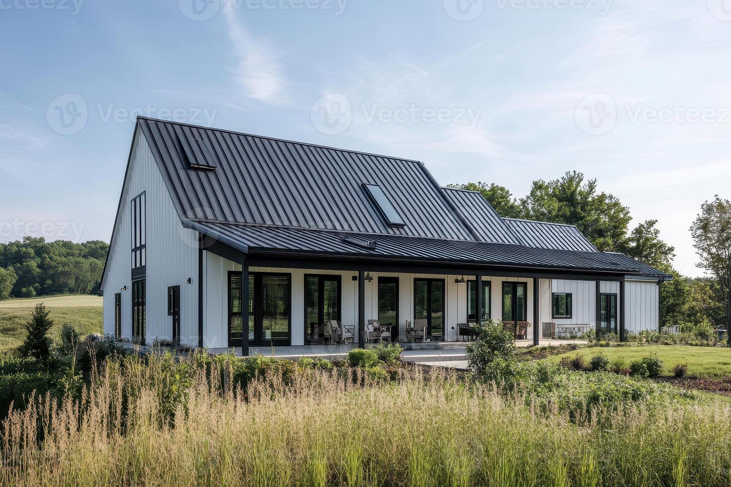 Modern farmhouse with a sleek design surrounded by greenery and open space photo