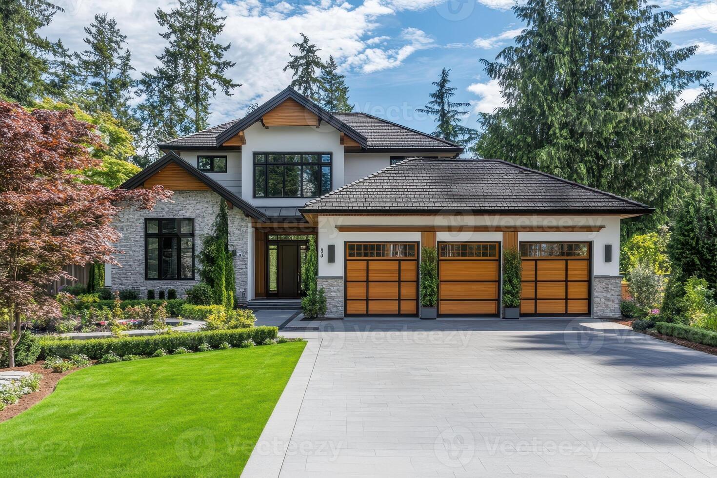 A modern house with a landscaped yard and three-car garage photo