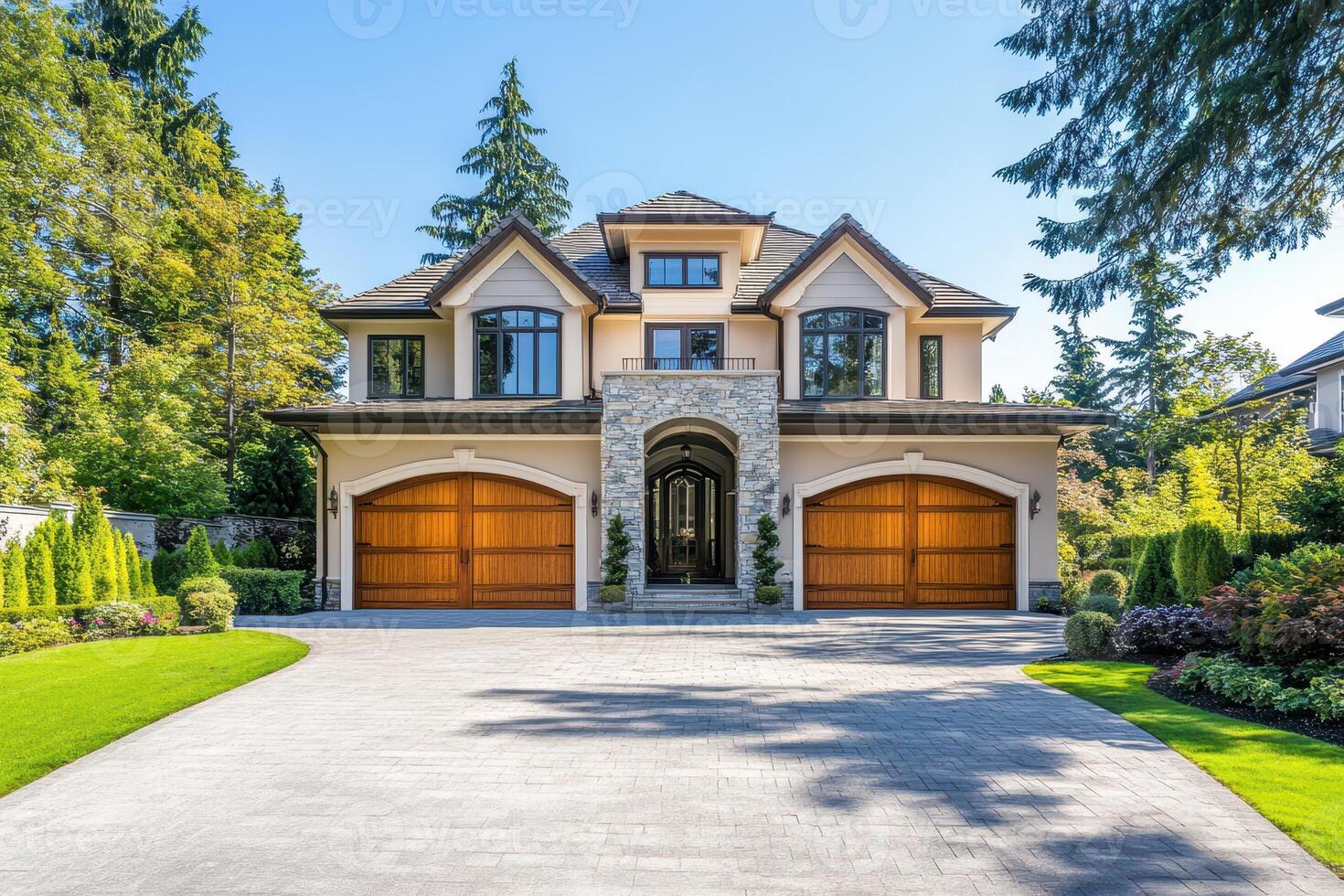 A luxurious home with a landscaped driveway and wooden garage doors surrounded by trees photo