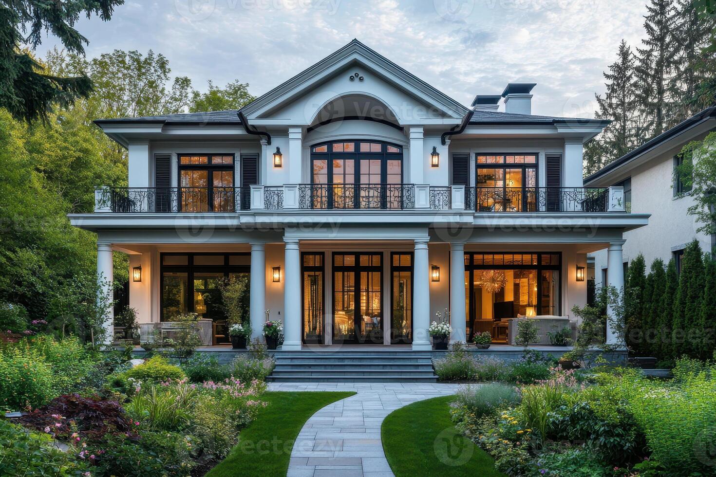 Elegant modern house with a landscaped garden, showcasing architectural beauty and design photo