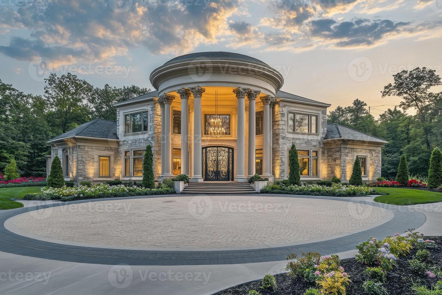 A grand, modern mansion featuring classical architecture and lush landscaping photo