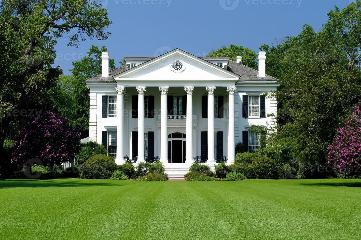 A grand white mansion with columns and a well-maintained lawn surrounded by trees and flowers photo