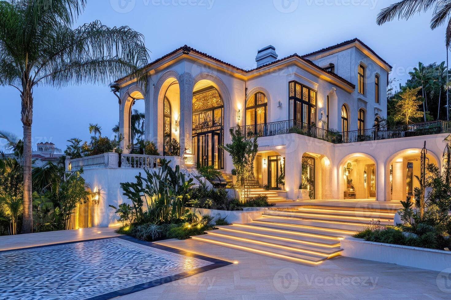 Elegant mansion with illuminated pathways and lush landscaping at dusk photo