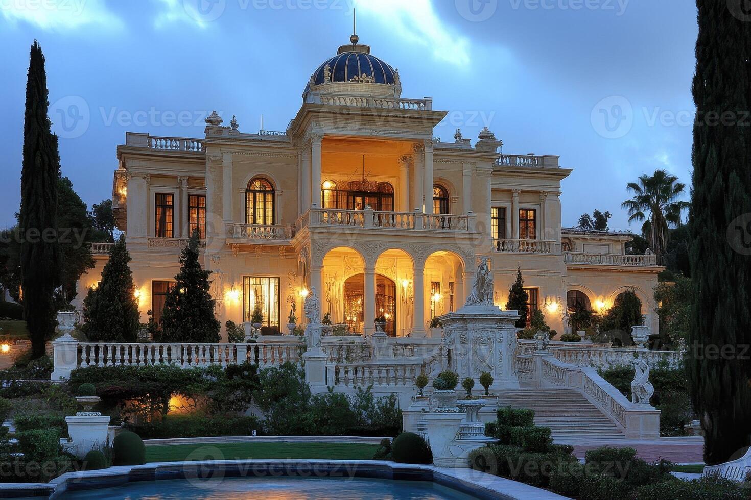 A grand mansion with elegant architecture and lush gardens under a twilight sky photo