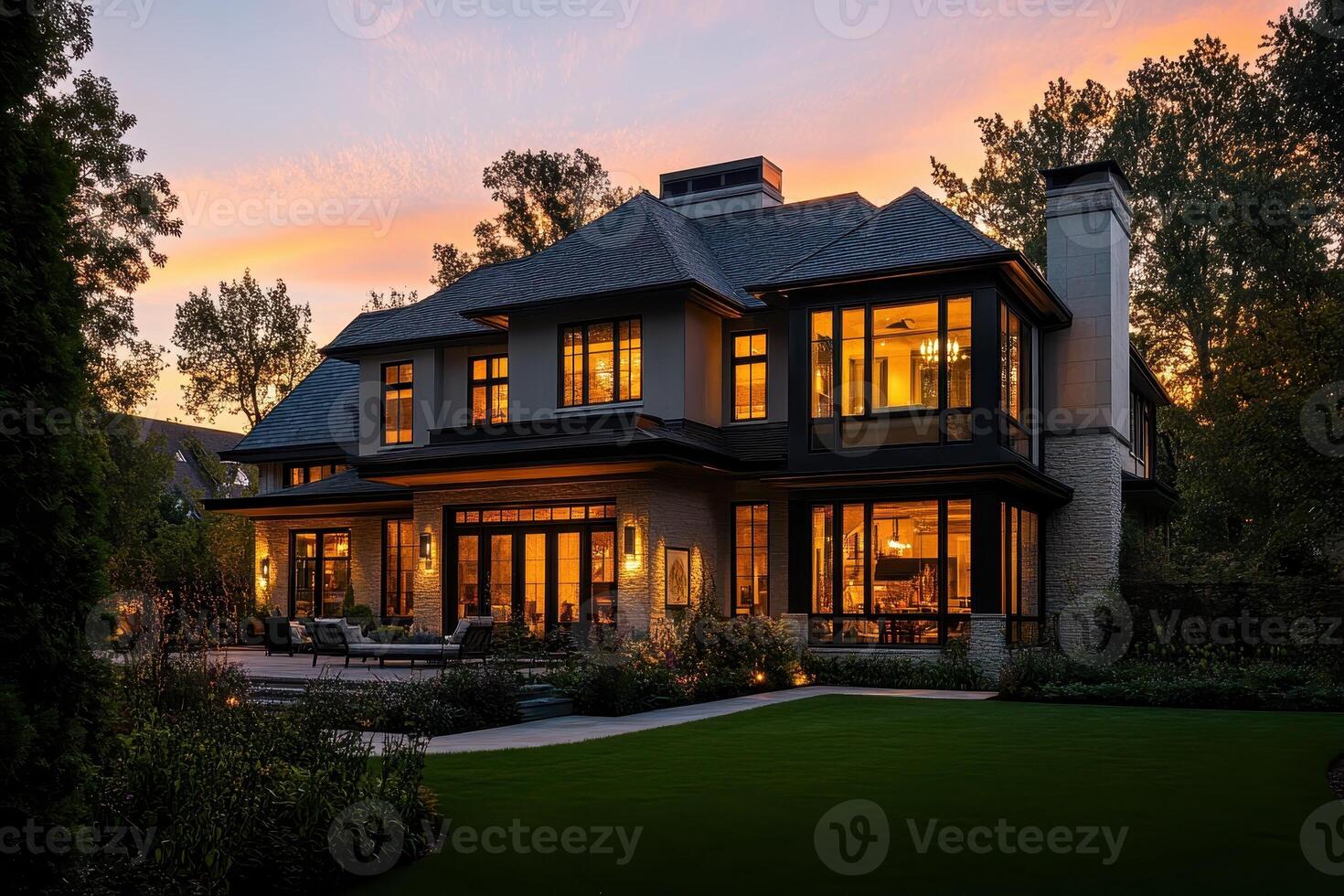 A modern home at sunset, showcasing elegant architecture and serene landscaping photo