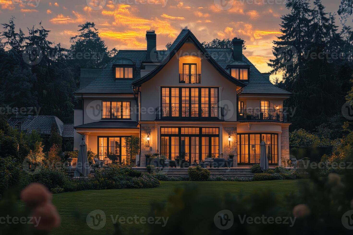 A beautifully designed house illuminated at sunset, surrounded by a lush garden photo