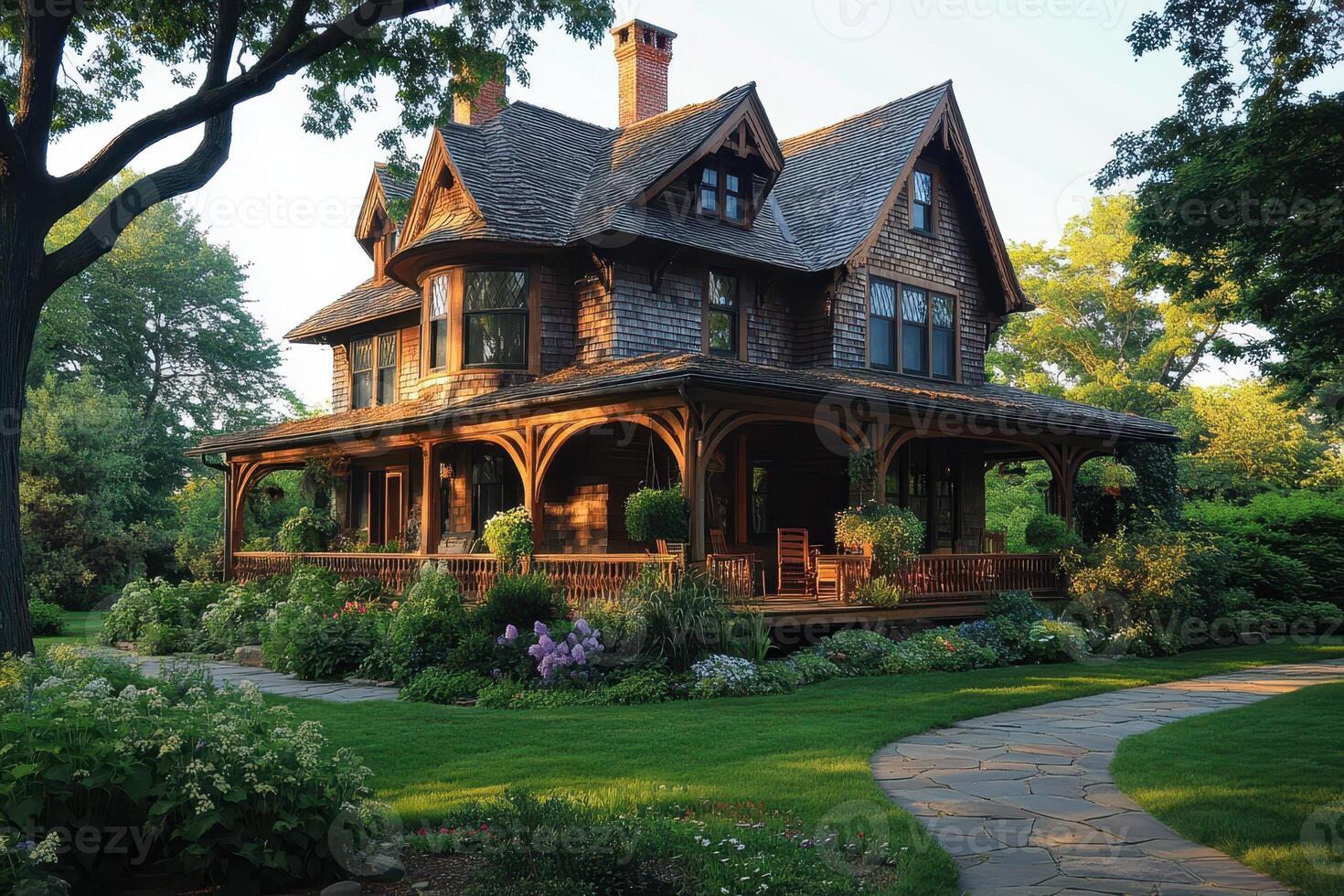 A charming wooden house surrounded by lush gardens and pathways in a serene setting photo