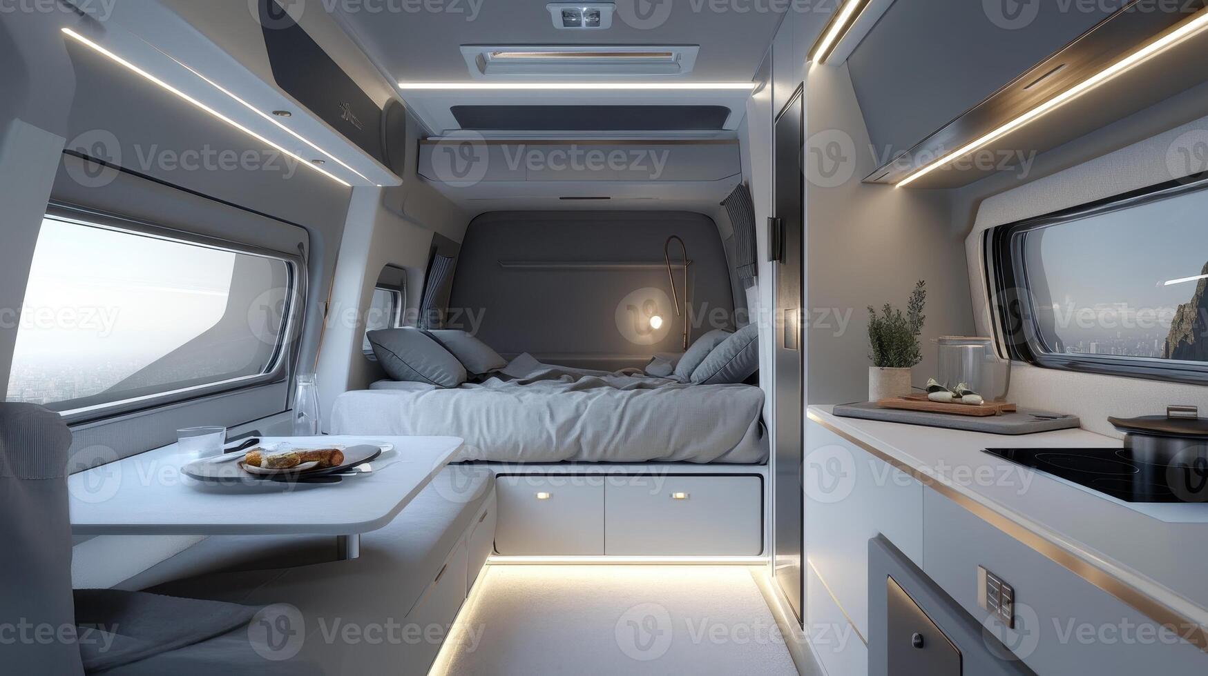 Modern minimalist interior of a cozy camper van with a bed and kitchenette photo