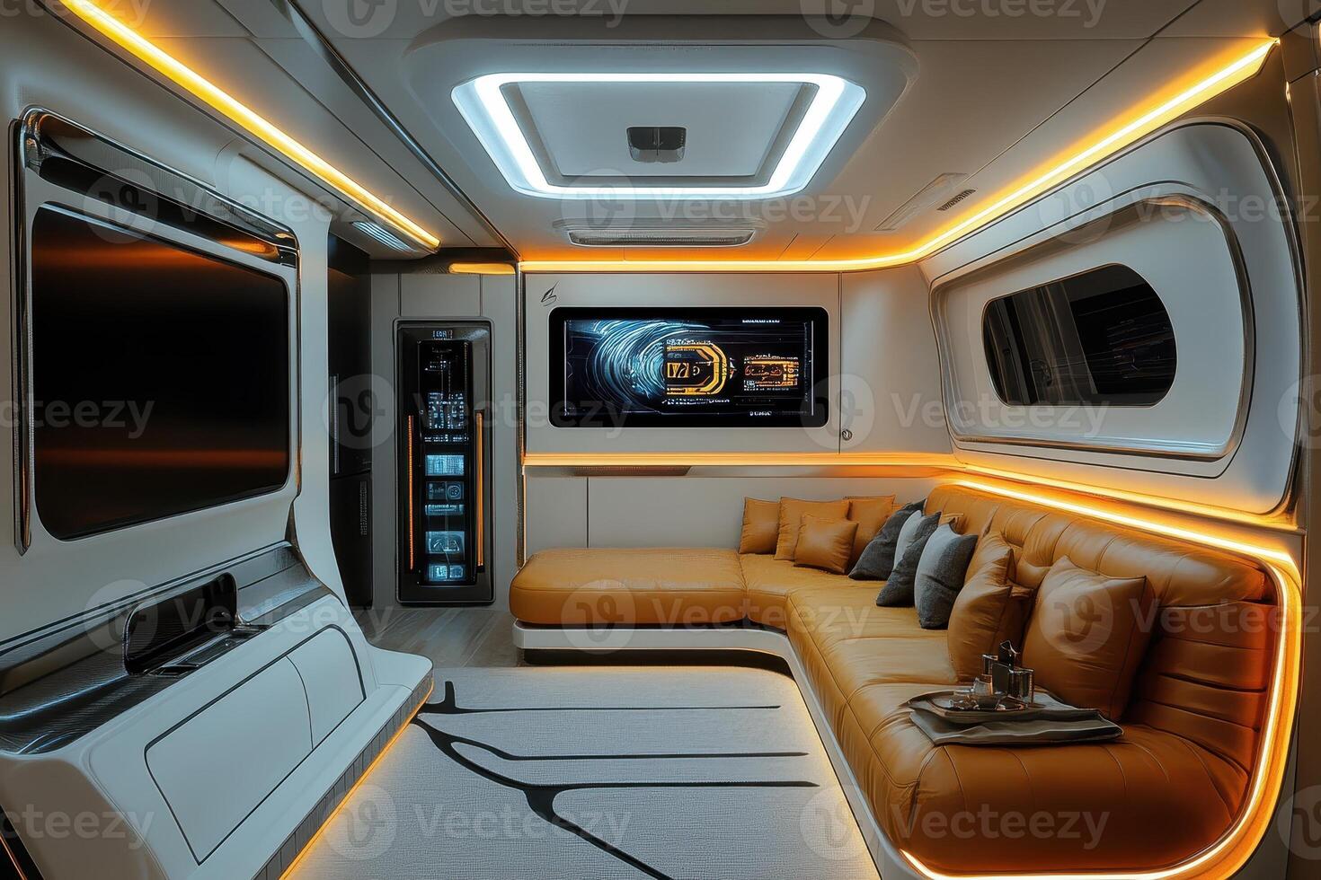 Modern lounge with sleek design and ambient lighting, featuring a couch and entertainment system photo
