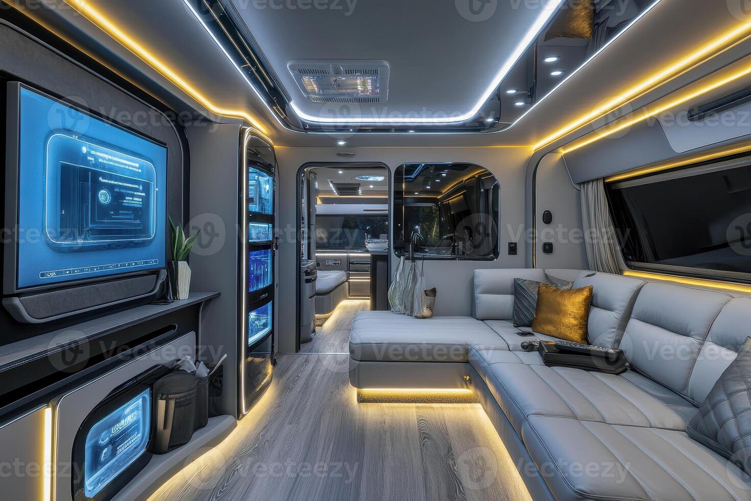 Modern interior of a luxurious van featuring sleek design and ambient lighting photo