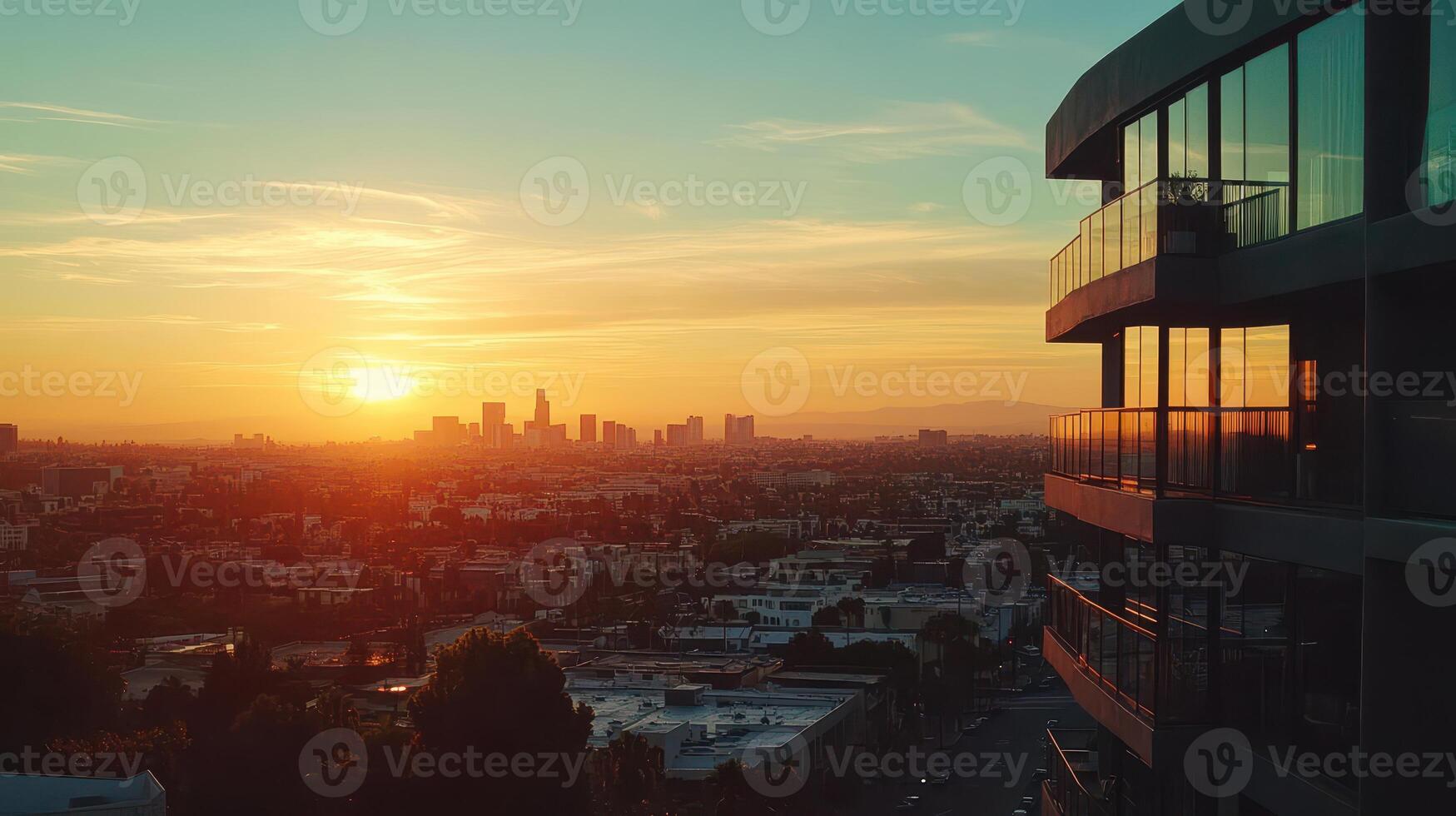A stunning sunset view over a city skyline with modern architecture in the foreground photo