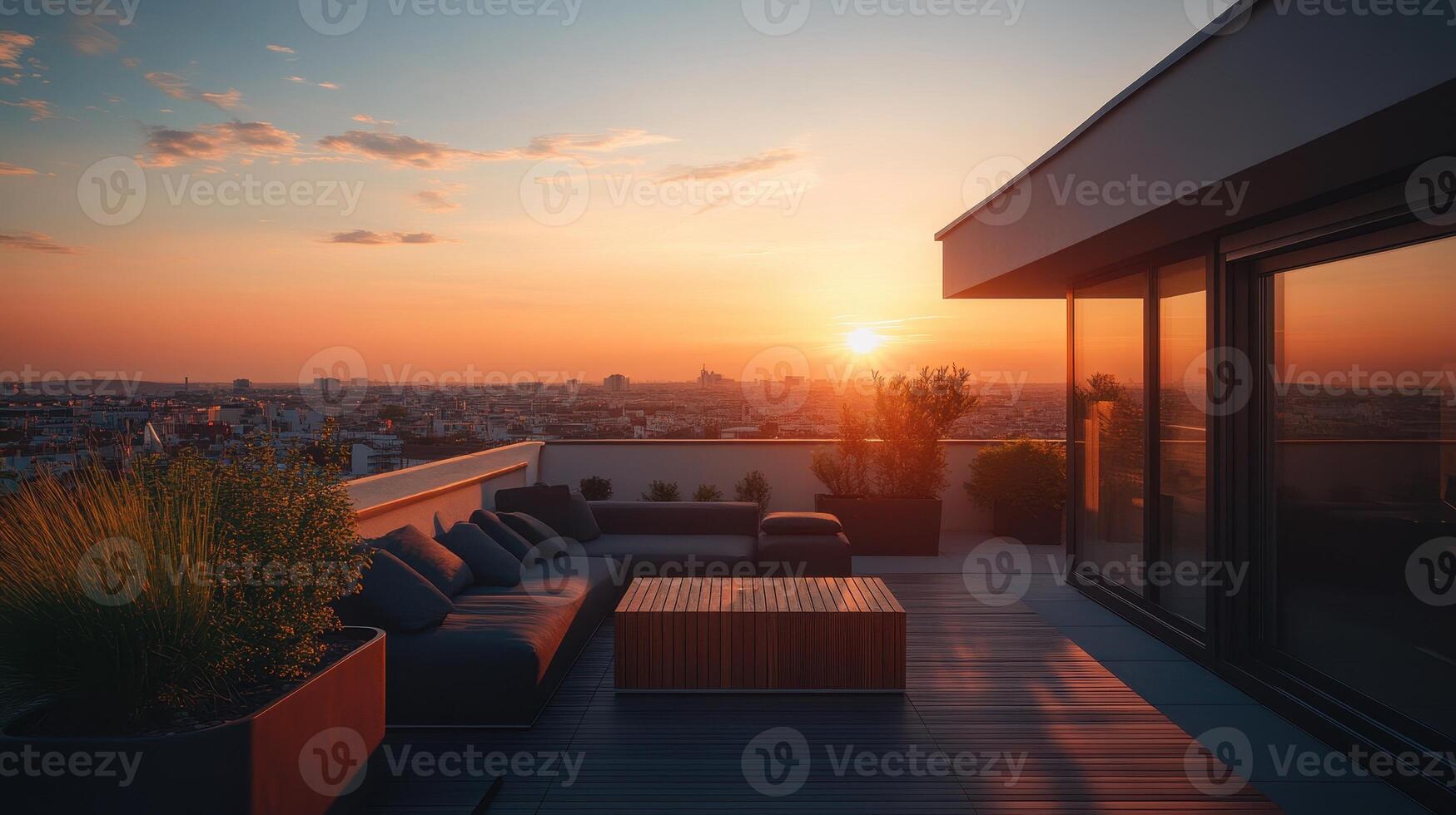 A serene rooftop terrace at sunset, featuring comfortable seating and a stunning city view photo