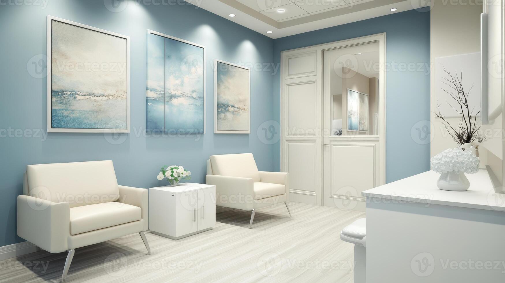 A modern waiting room with light colors and artwork, designed for comfort and relaxation photo