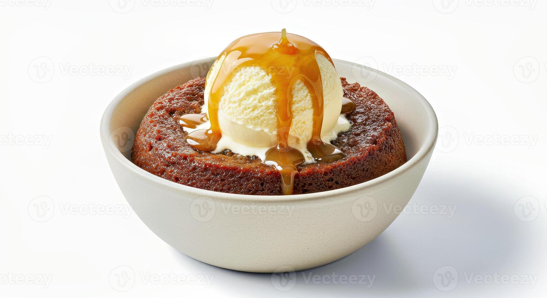 Toffee Pudding Served Warm in a Classic Bowl Topped with a Scoop of Melting Vanilla Ice Cream Alternative photo