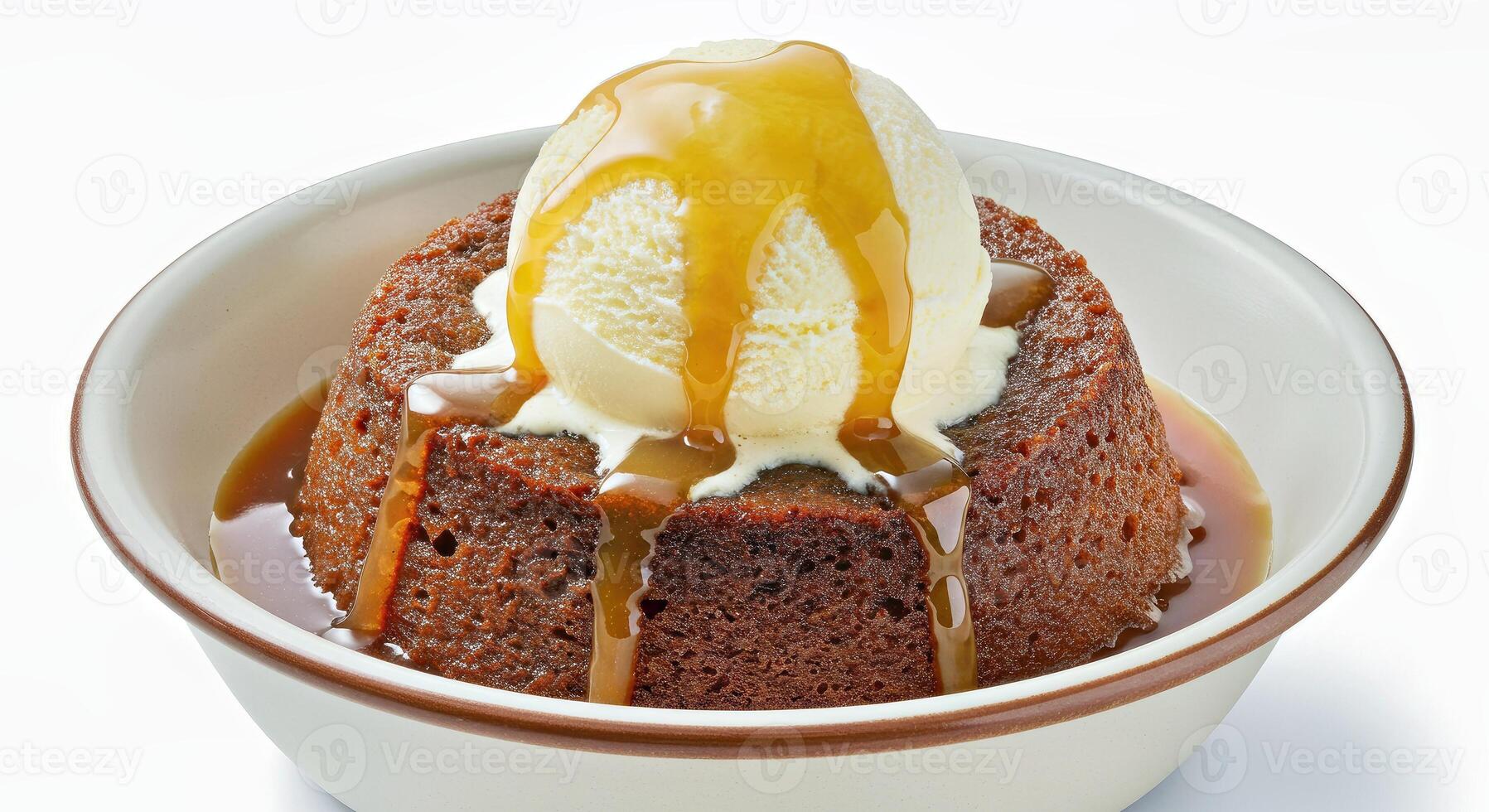 Ticky Toffee Pudding Served Warm in a Classic Bowl Topped with a Scoop of Melting Vanilla Ice Cream photo