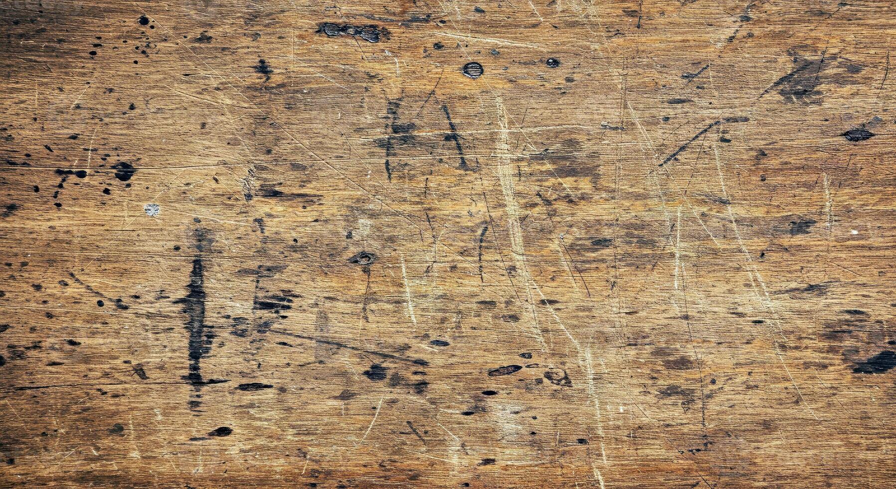 Worn Wooden Table Surface with Deep Scratches and Old Stain Marks photo
