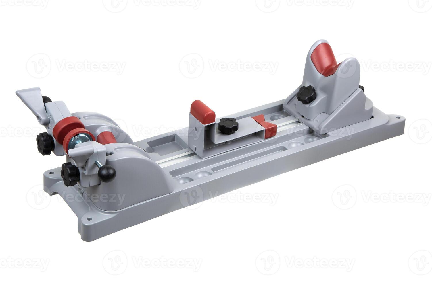 A firearm vise featuring adjustable clamps and sturdy supports, displayed against a clean white backdrop. photo