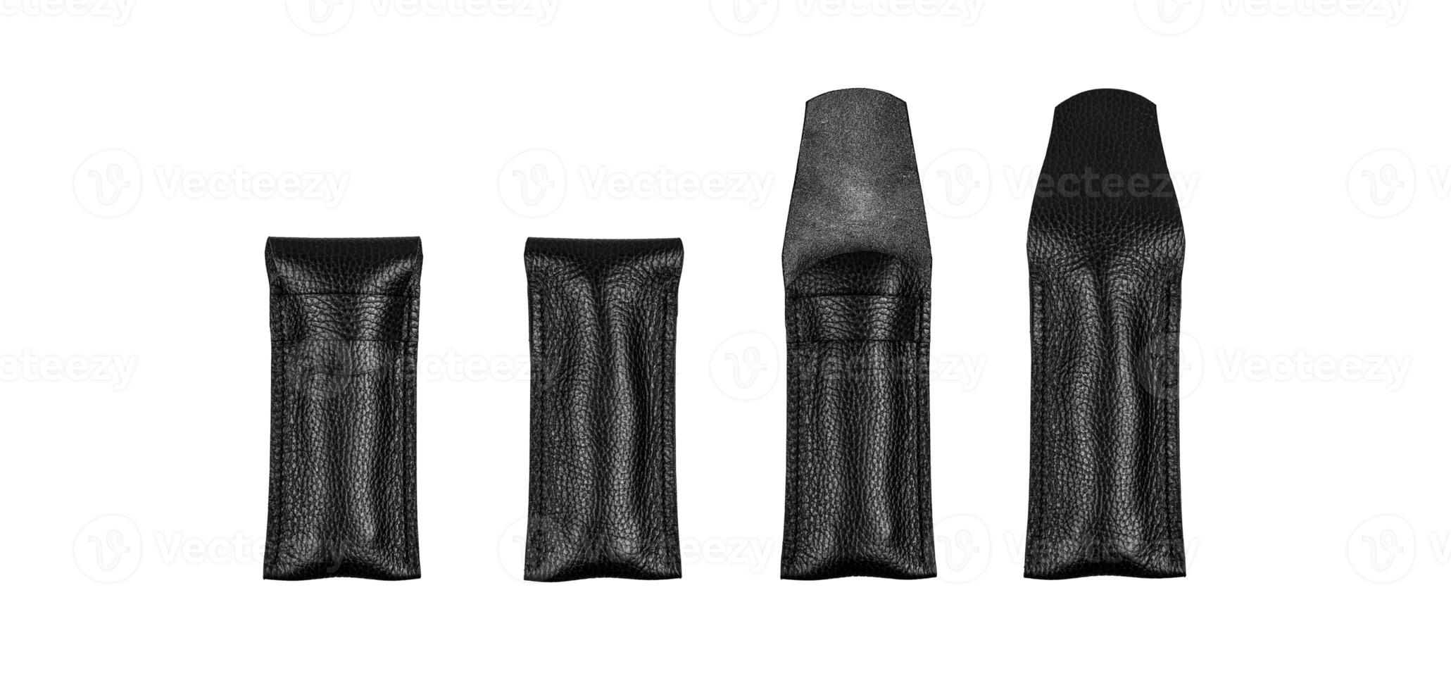 A premium black leather knife sheath with a modern design, sturdy stitching, and a protective flap, isolated on a white background. photo