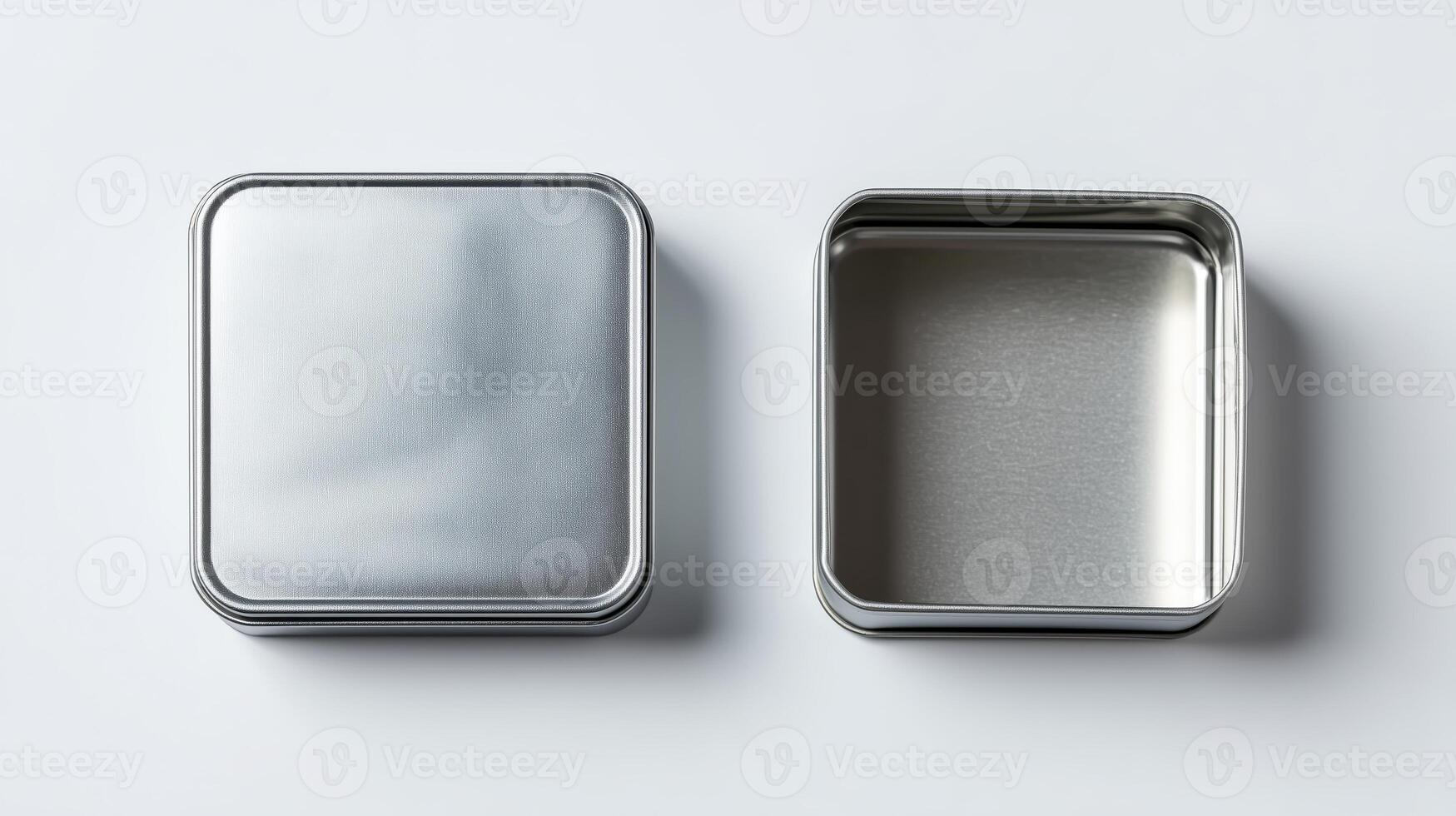 A sleek square tin box with a detachable lid, displayed in both open and closed positions against a clean white backdrop. photo