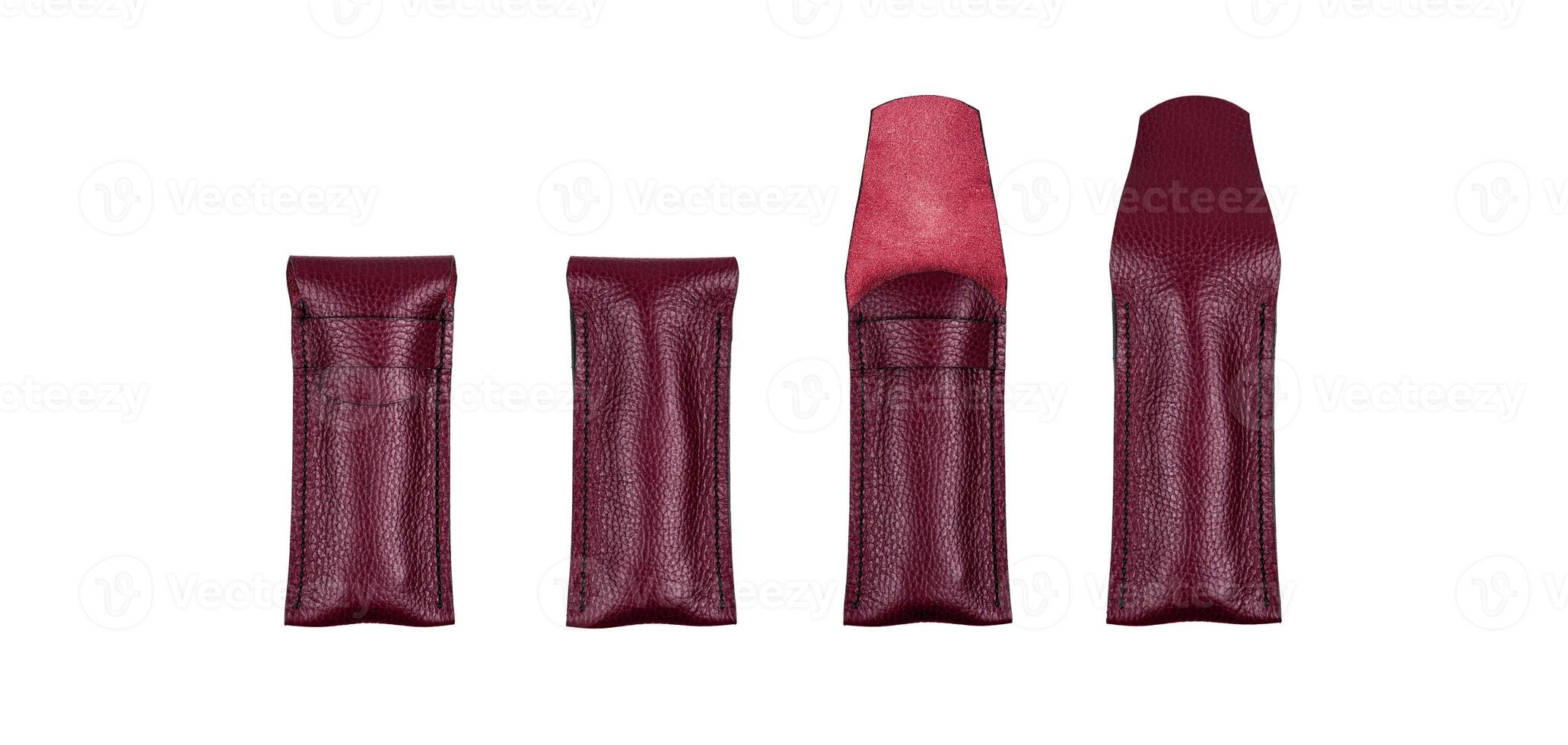 A high-quality red leather knife sheath with an elegant design, detailed stitching, and a protective flap, isolated on a white background. photo
