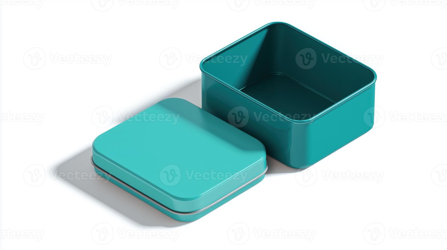 A modern teal metal storage box with rounded edges and a fitted lid, left slightly open, positioned on a white surface with subtle shading. photo