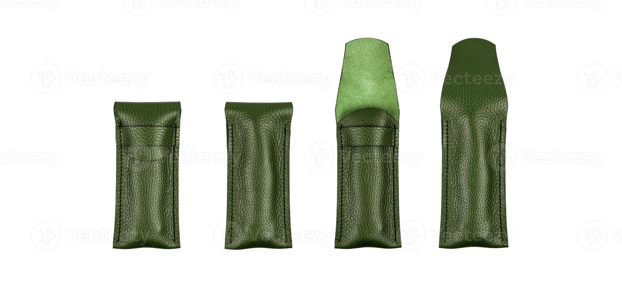 A high-quality green leather knife sheath with a sleek design, detailed stitching, and a protective flap, isolated on a white background. photo