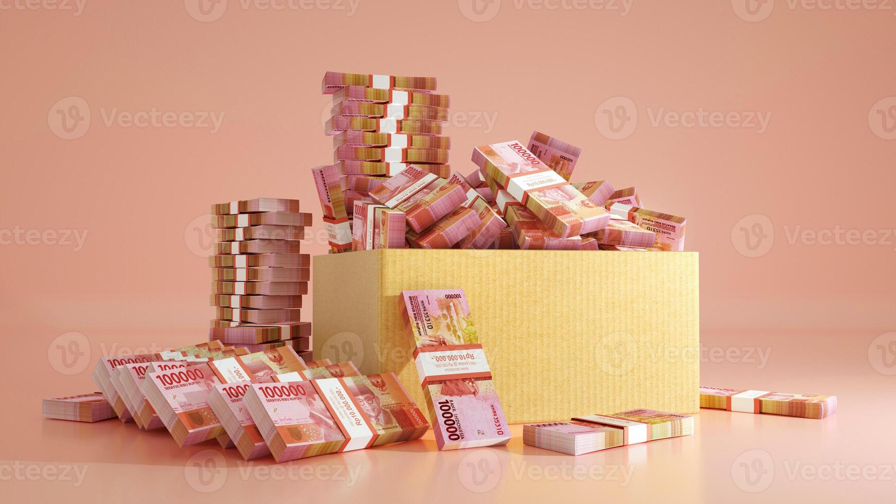 Big Isolated stacks of Indonesian rupiah notes in and around box. A lot of bank paper currency money notes photo