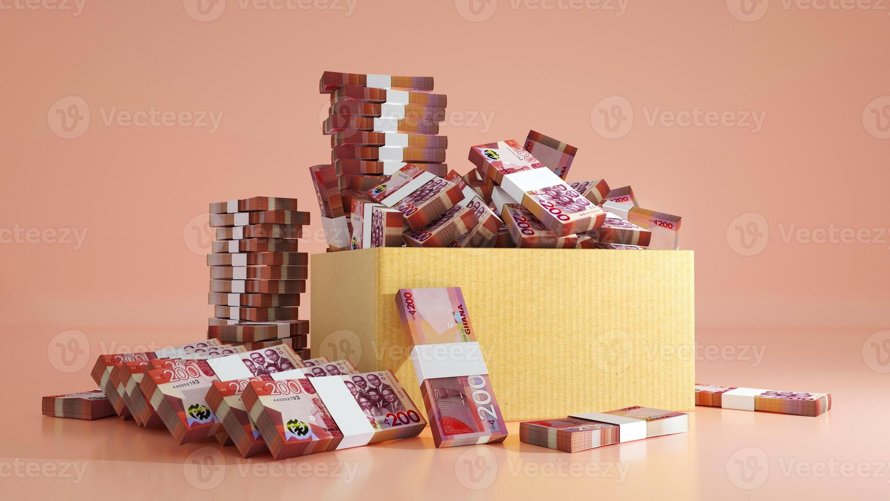 Big Isolated stacks of Ghanaian cedi notes in and around box. A lot of bank paper currency money notes photo