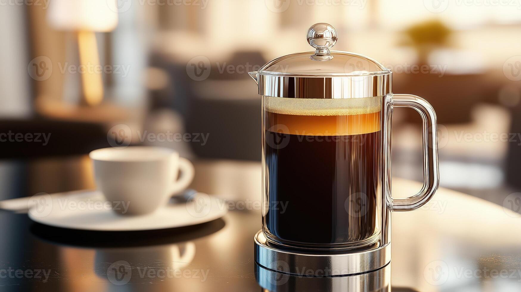 French press coffee maker resting on table, brewing fresh coffee, on sunny living room background photo