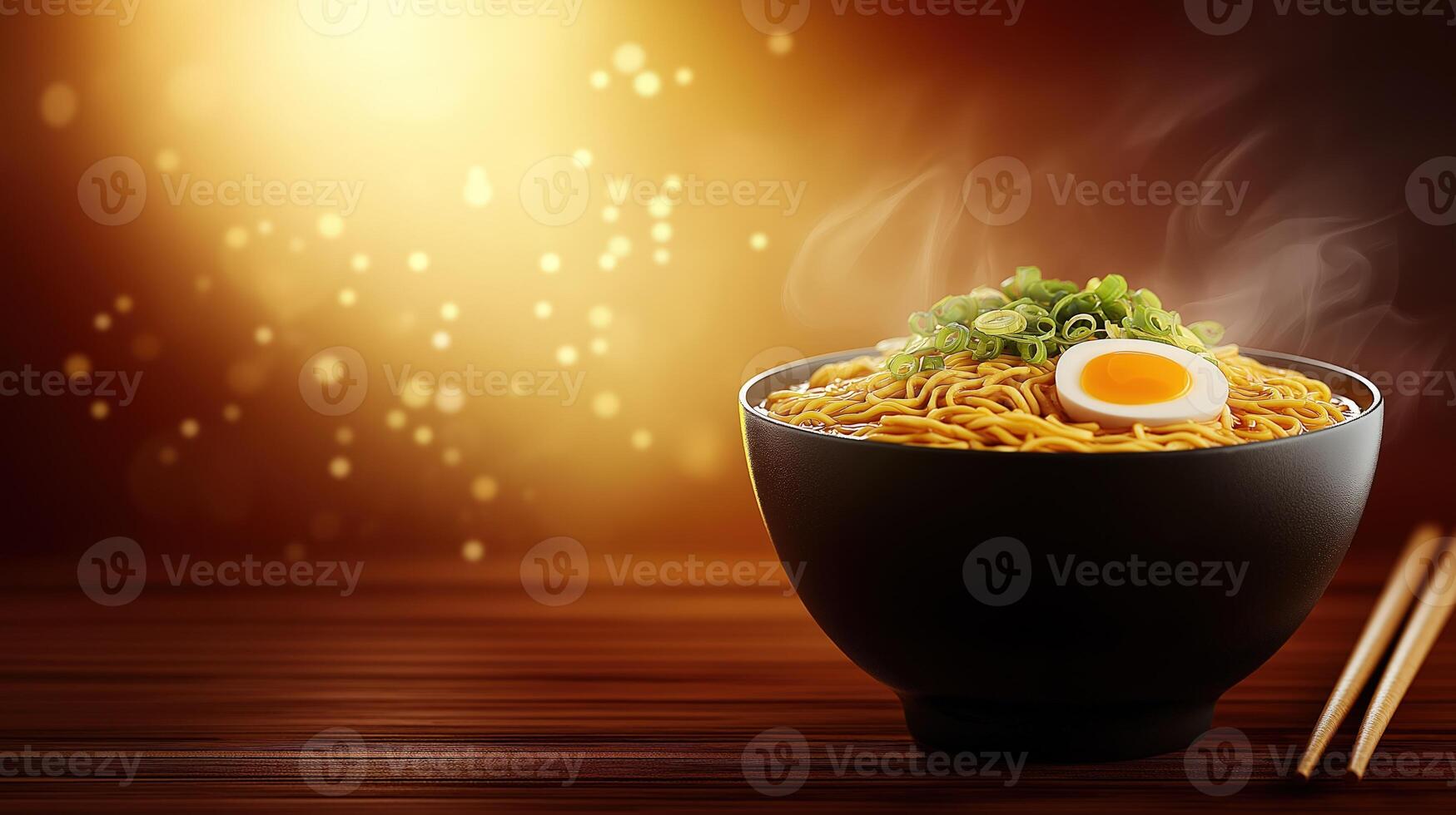 Steaming bowl of ramen noodles with chopsticks, sliced egg and chopped chives, copy space photo