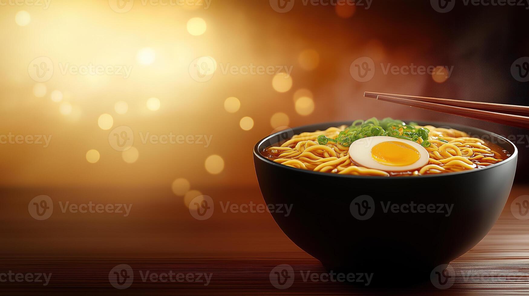 Bowl of ramen noodles with chopsticks, sliced egg and chopped chives on bokeh background, copy space photo