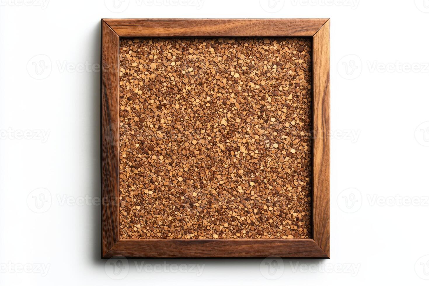 Square cork bulletin board with wooden frame for pinning notes and memos, isolated on transparent background photo