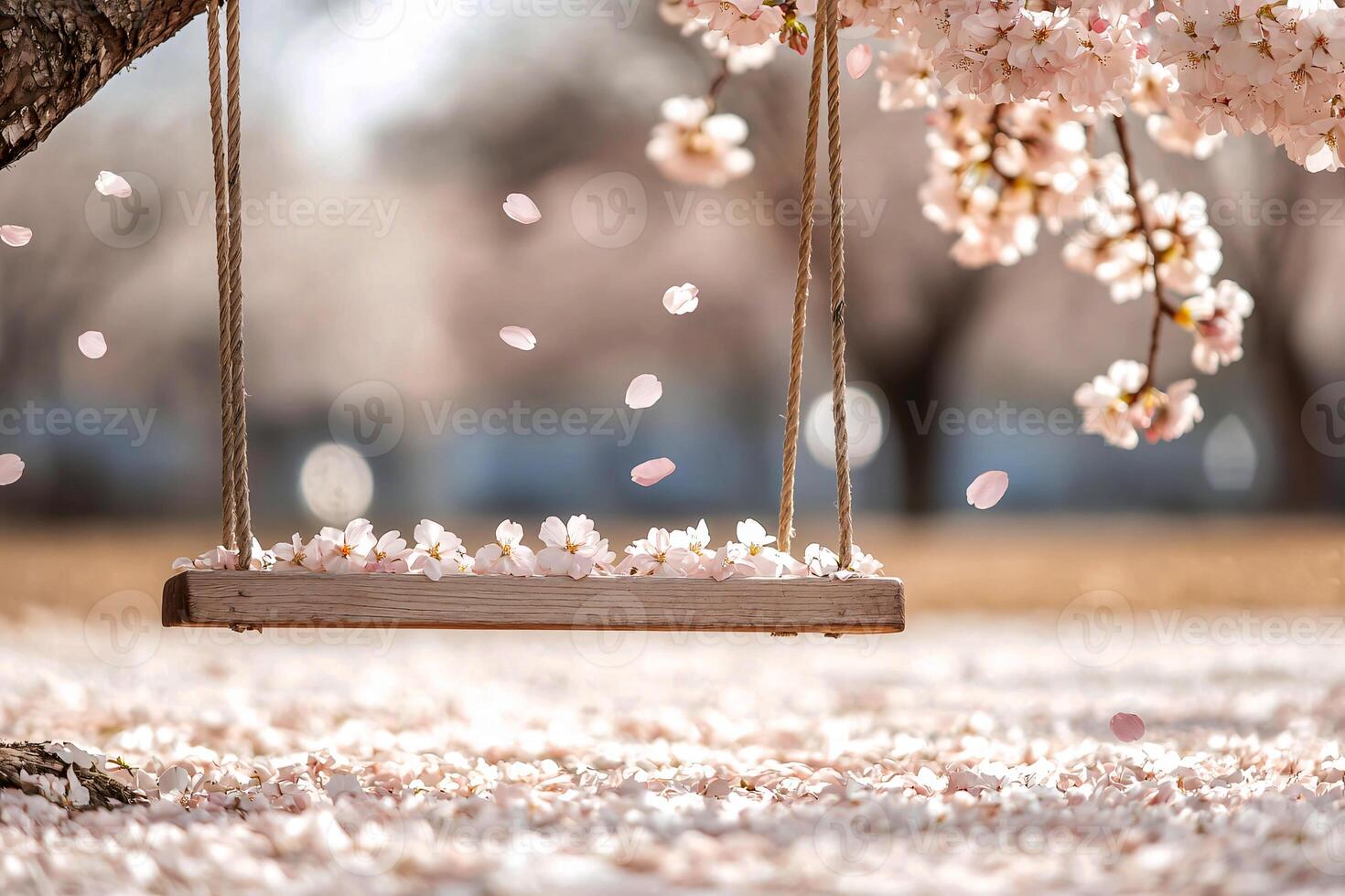 A wooden swing hangs from a cherry tree, soft petals drifting in the breeze, evoking nostalgic childhood memories photo