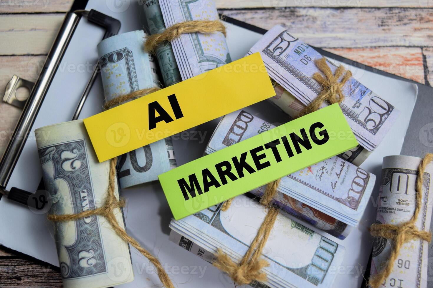 Concept of Ai Marketing write on sticky notes with dollars isolated on Wooden Table. photo