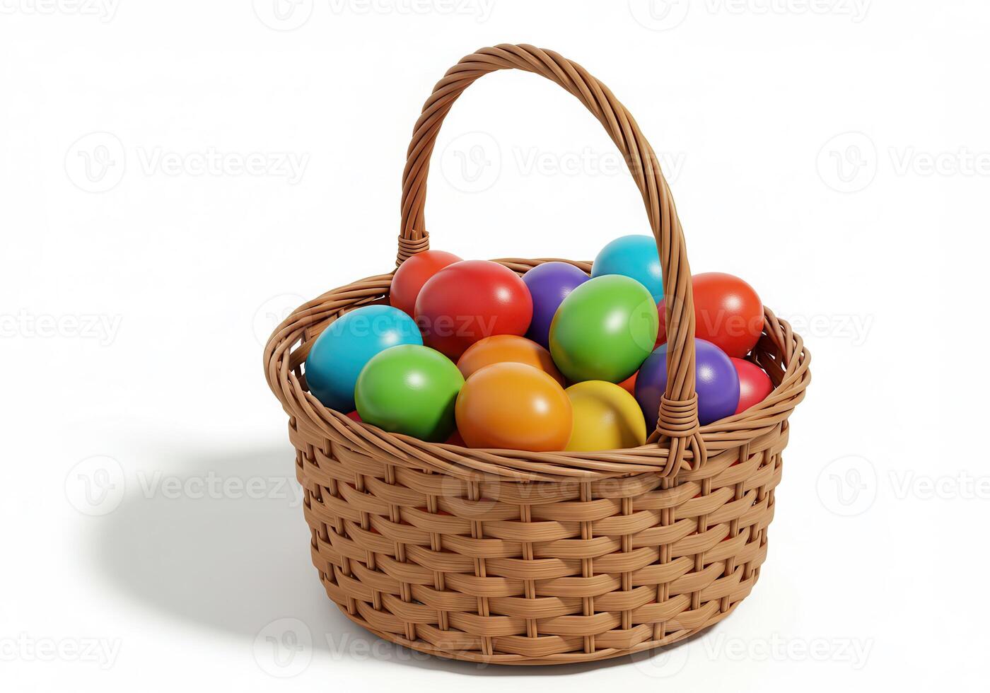 Colorful smooth Easter eggs in red green yellow blue and purple arranged in a woven basket on white background in bright minimal studio composition photo