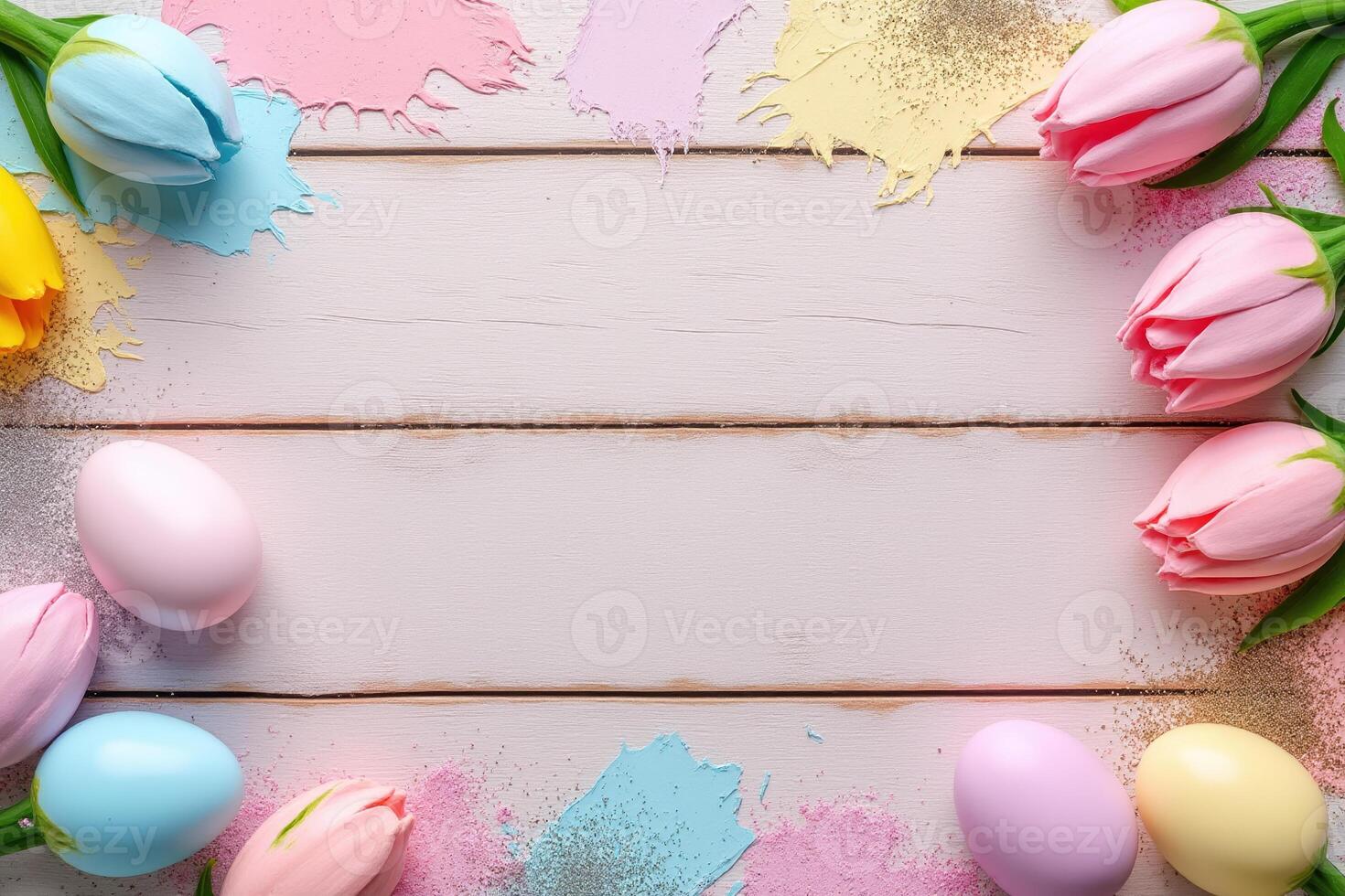 Easter mockup with pastel tulips and eggs on white wood background in flat lay style with copy space for greeting or design template photo
