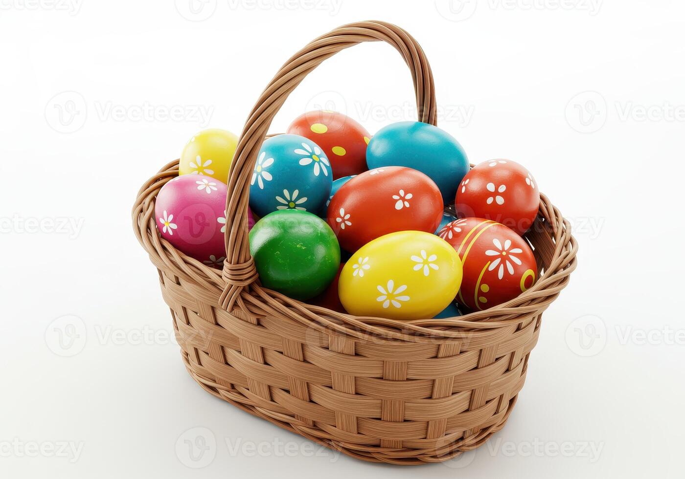 Decorated Easter eggs in red yellow blue and green with floral patterns in a woven basket on white background in bright festive spring studio style photo