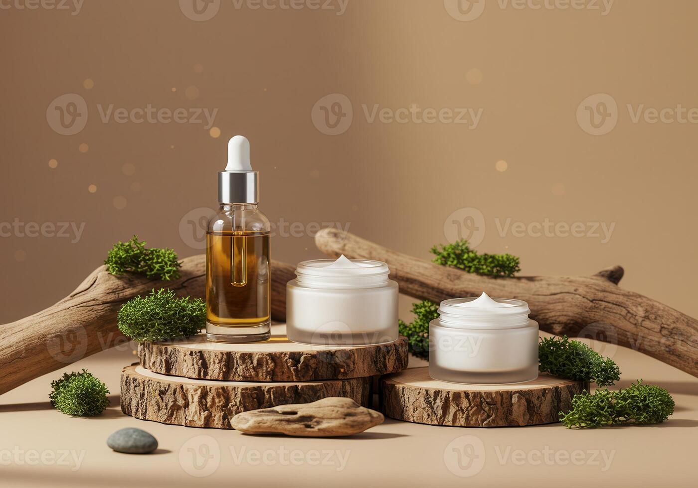Skincare cosmetic mockup with cream jars and dropper bottle on wood with moss in minimal beige setting for natural beauty wellness and product branding scene photo