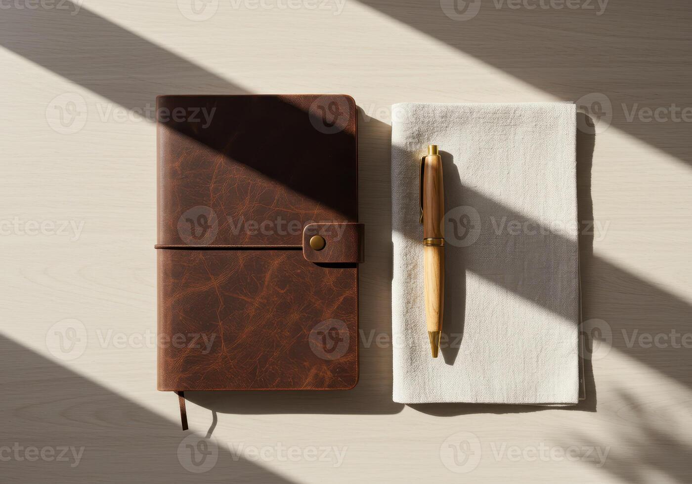 Minimalist flatlay of brown leather notebook and wooden pen with strong shadows and natural light on light wood background in calm workspace composition photo