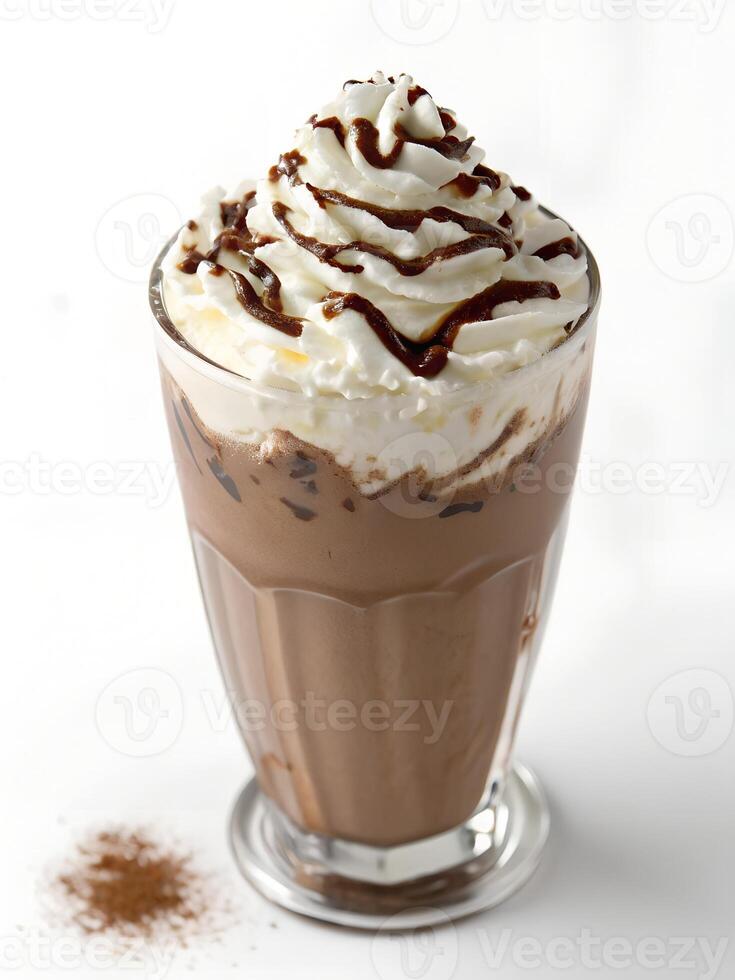 A chocolate milkshake with whipped cream and chocolate sauce photo