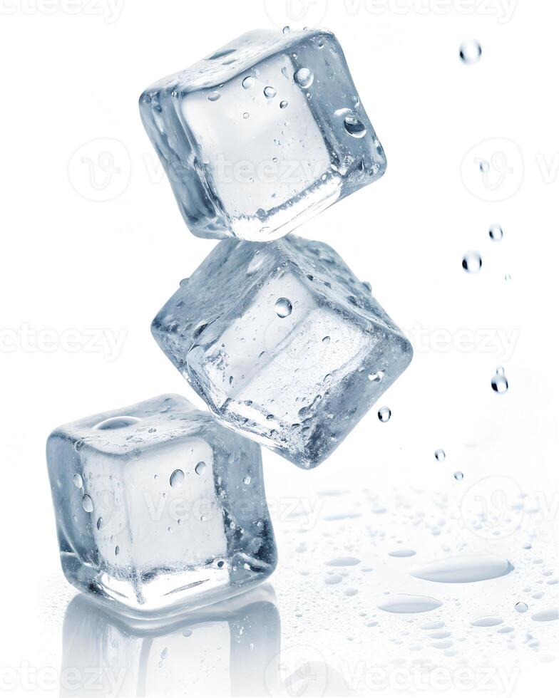Three ice cubes are shown in the air on white photo